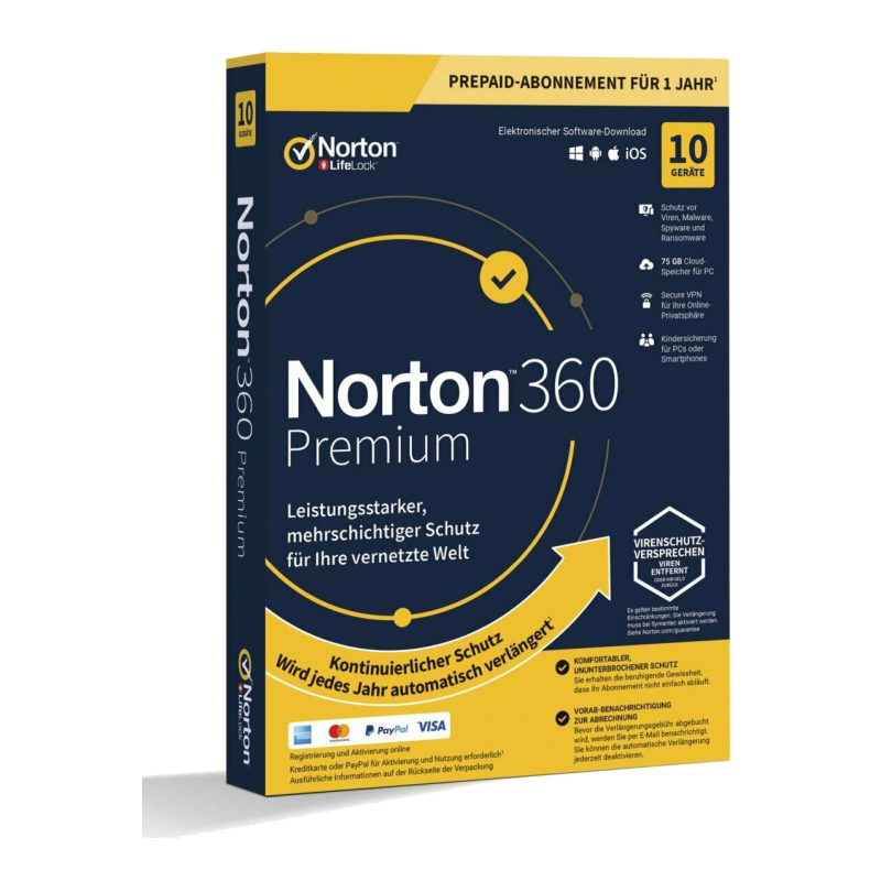 Norton 360 Premium para 10 dispositivos, 1 año + 75 GB