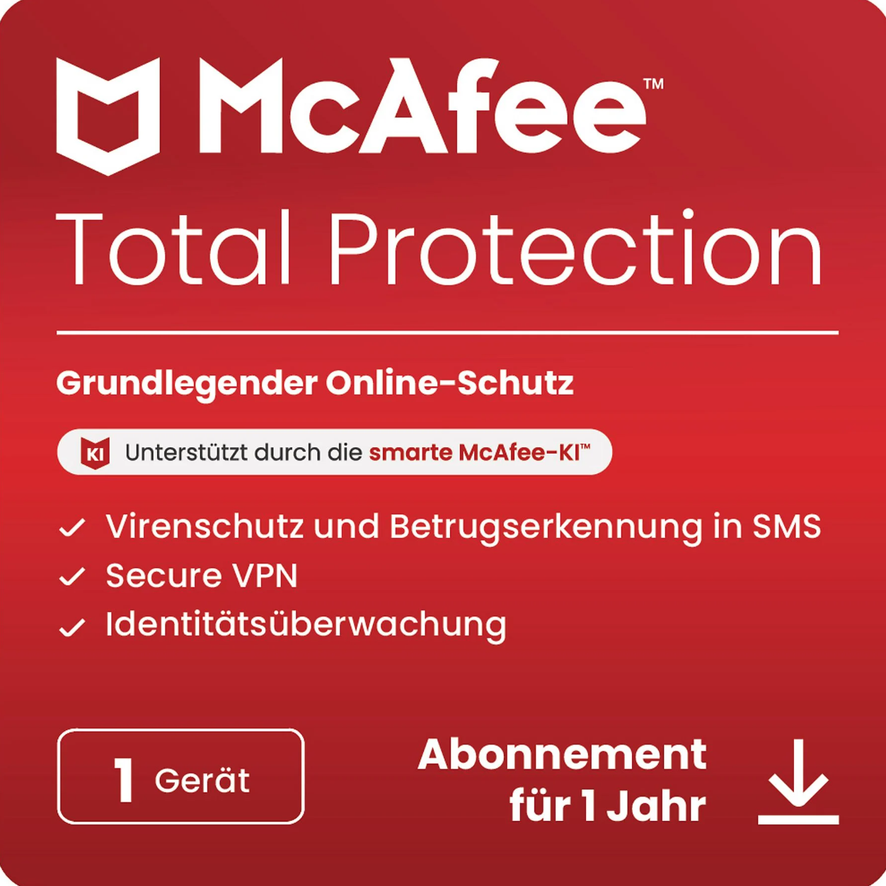 McAfee Total Protection 2025 – 1 dispositivo | 1 año de suscripción – Protección integral con VPN incluida